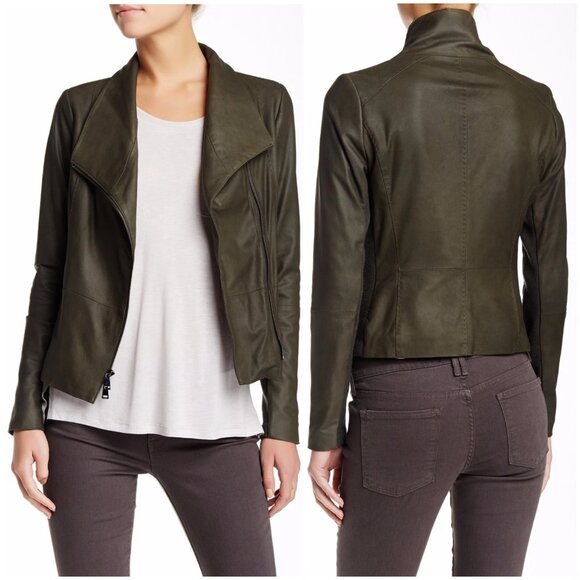 Vince Jackets & Blazers - VINCE Leather Scuba Jacket Biker Lustrous Asymmetrical Minimalist Taupe Gray M